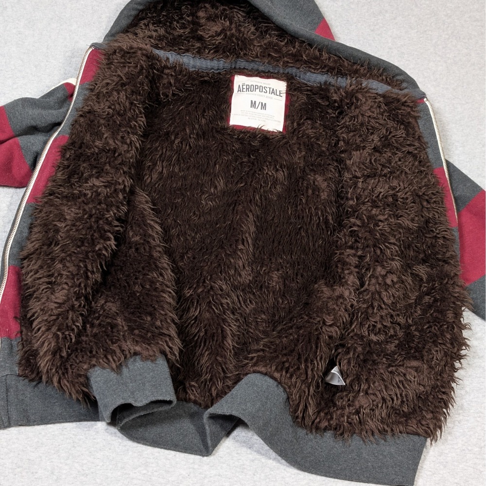 Y2K Aeropostale Faux Fur Lined Hoodie Full Zip Size Medium Striped Logo - Picture 6 of 13